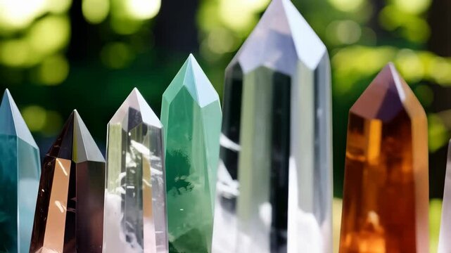 Collection of natural crystal points in various colors displayed outdoors on blurred natural background with green foliage