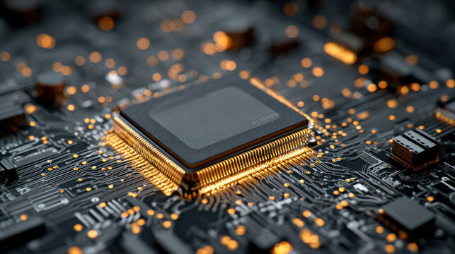 Close-up of electronic circuit board with central computer processor chip, glowing lines and components, detailed motherboard texture in dark tech background
