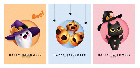 Happy Halloween greeting clipart poster set. Halloween invitation card template clip art collection with trick or treat characters like ghost, pumpkin and cat wearing witch hat in circle paper cut 