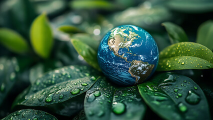 Close up photo of the Earth resting in lush green foliage covered in water droplets. The imagery suggests environmental care.