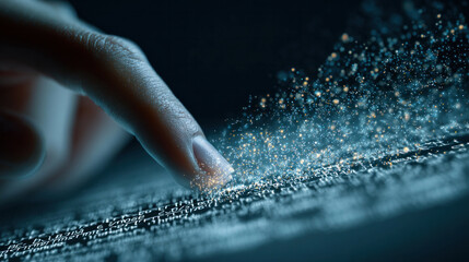 Close-up of hand entering text into floating command line interface, AI responds with light particles forming 3D content, concept of generative technology