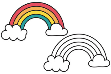 Colorful rainbow with clouds sits above its black and white outlined counterpart on a white background