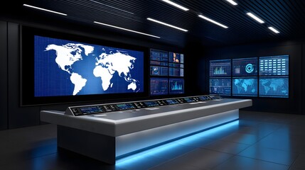 High-tech control room with multiple screens displaying global data and network analytics.