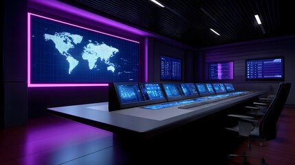 High-tech control room with global data network display