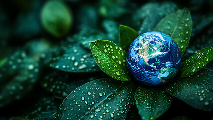 Close up photo of the Earth resting in lush green foliage covered in water droplets. The imagery suggests environmental care.