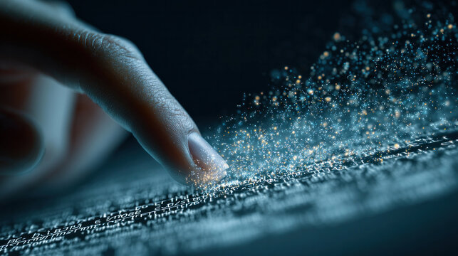 Close-up of hand entering text into floating command line interface, AI responds with light particles forming 3D content, concept of generative technology