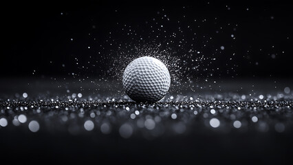 A grayscale photograph features a golf ball surrounded by a scattering of shimmering dust particles. The image conveys a sense of precision and the detail captured evokes texture and movement.
