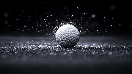 A grayscale photograph features a golf ball surrounded by a scattering of shimmering dust particles. The image conveys a sense of precision and the detail captured evokes texture and movement.