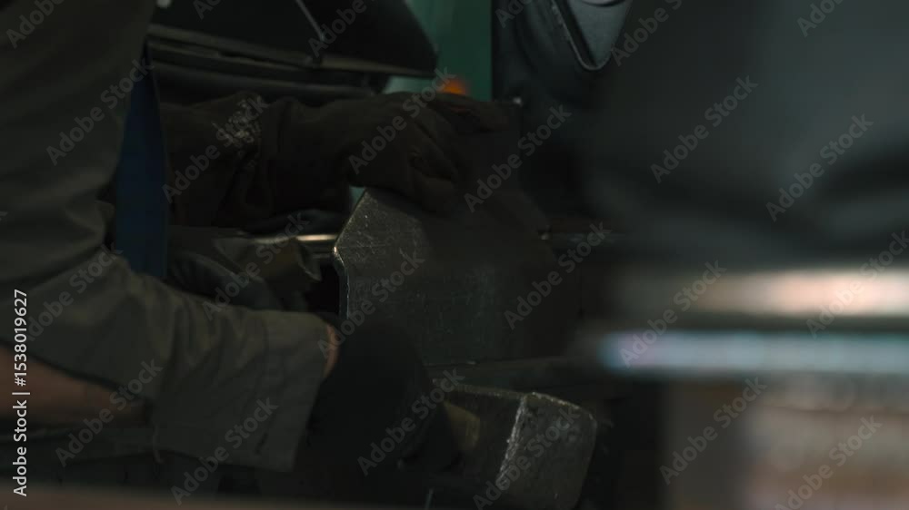Poster Worker engages in metal welding and striking in mechanical engineering workshop
