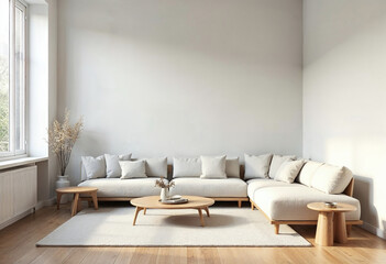 Elegant and minimalist living room with a sectional sofa and natural light