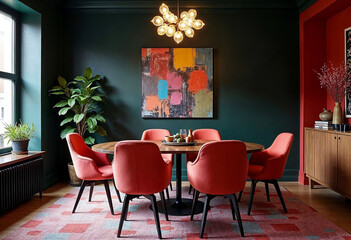 Elegant Modern Dining Room with Red Chairs and Colorful Artwork