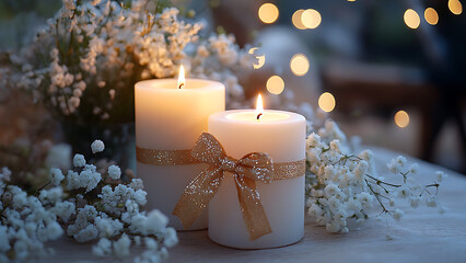 Two lit candles decorated with ribbons and baby's breath flowers create a soft and romantic light. This image is meant to evoke feelings of peace, warmth, and celebration.
