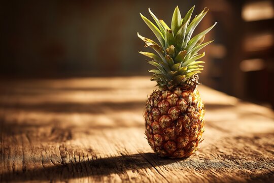 A Single Ripe Pineapple Rests on a Rustic Wooden Table