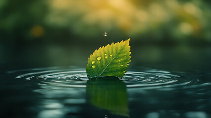 A green leaf sits on rippling water, reflecting the blurred background, representing a natural, calm scene.