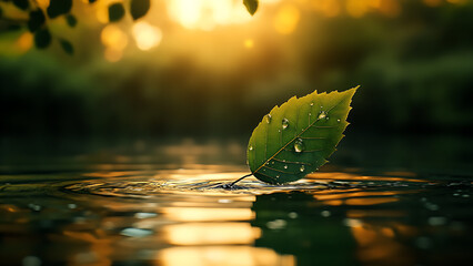 A green leaf falls into the calm waters, creating ripples against the blurry sunlight