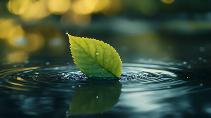 A green leaf sits on rippling water, reflecting the blurred background, representing a natural, calm scene.