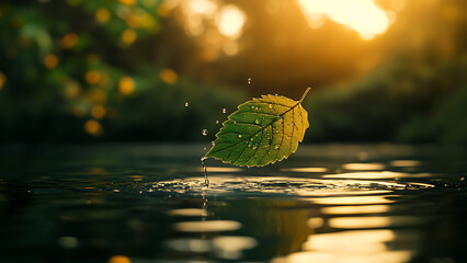 A green leaf falls into the calm waters, creating ripples against the blurry sunlight