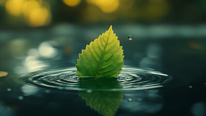 A green leaf sits on rippling water, reflecting the blurred background, representing a natural, calm scene.