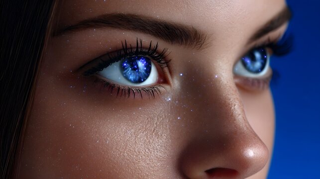 Ethereal woman with galaxy eyes gazing into the cosmos