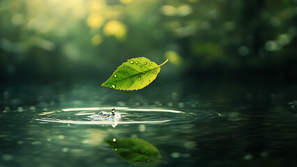 A green leaf hangs over the water, creating ripples. This serene image depicts the peace of nature, perfect for conveying a calm mood.