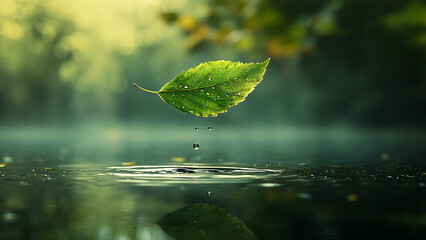 A green leaf hangs over the water, creating ripples. This serene image depicts the peace of nature, perfect for conveying a calm mood.