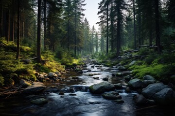Obraz premium Tranquil forest scene with flowing stream surrounded by lush greenery in early morning light