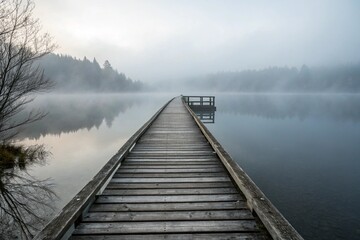 Long wooden pier extends into a foggy lake under an overcast sky. Calm, moody nature scene ideal for travel, solitude, and atmospheric seasonal photography themes.