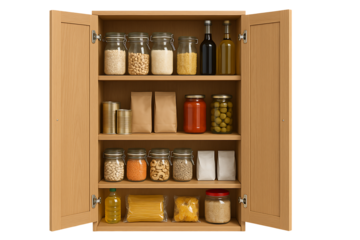 Organized kitchen pantry cabinet isolated on transparent background