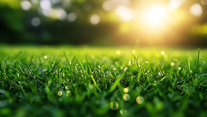 A vibrant green grass lawn sparkles with morning dew. Taken from a low angle, the focus is on the grass with the sun blurred in the background.