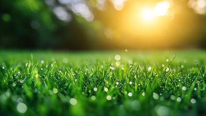 A vibrant green grass lawn sparkles with morning dew. Taken from a low angle, the focus is on the grass with the sun blurred in the background.