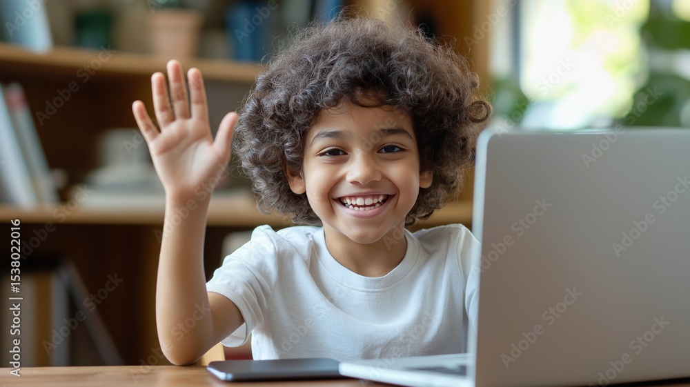 Poster child smiling and waving hello while using laptop in a cozy indoor setting during a sunny afternoon