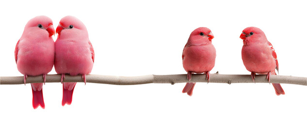 A heartwarming scene of pink birds perched on a branch, seemingly sharing intimate moments. They exude an aura of calmness and togetherness.