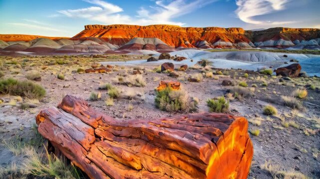 Scenic view of a vibrant desert landscape with petrified wood and colorful layered rock formations at sunset under a blue sky