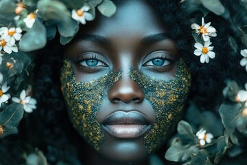 Woman with face mask, surrounded by flowers