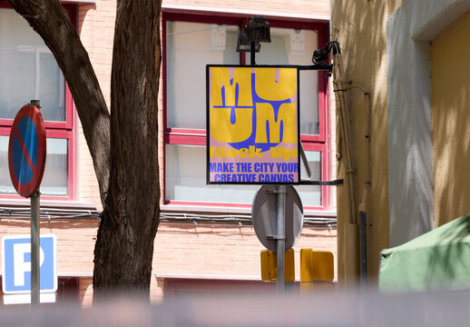 Retail Hanging Sign Mockup in Urban Barcelona. PSD template mockup.