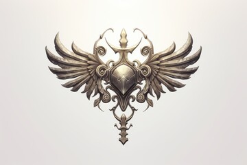 Metallic emblem with intricate wings and ornate design displayed on a light background