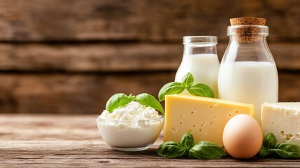 Fresh dairy products including milk, cheese, cottage cheese, and an egg arranged on a rustic wooden surface with basil leaves.