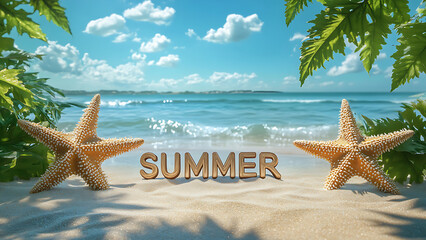 A tranquil beach scene with the word "SUMMER", Starfish resting on the sand, framing the tranquil seascape.