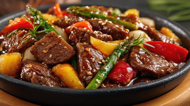 Delicious spicy beef stew with vegetables served in a black bowl with colorful peppers and green herbs, savory main course dish for dinner or lunch