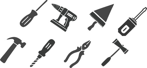 Obraz premium toolbox,hand tools,hammer,screwdriver,wrench,pliers,power drill,utility knife,construction,industrial,black and white 