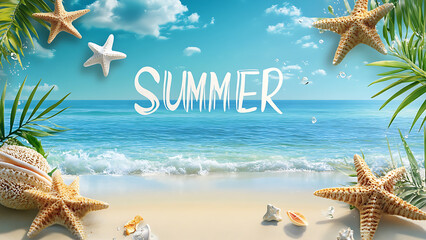 "Summer" text overlaying a beach scene, shows turquoise waves, sand with starfish and shells, and palm fronds on either side.
