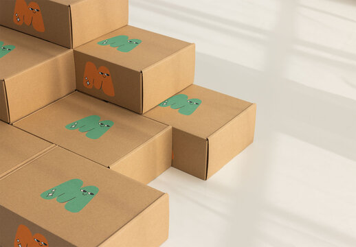 Delivery Cardboard Boxes Arranged in Stack. PSD mockup template ready for your logo design