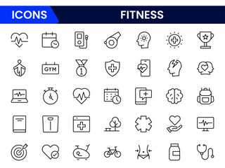 Vibrant vector web line icons depicting health, fitness, exercise, nutrition, wellness, and active lifestyles for optimal well-being.