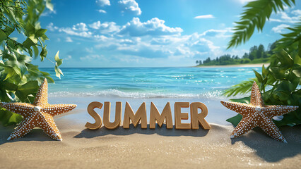 A tranquil beach scene with the word "SUMMER", Starfish resting on the sand, framing the tranquil seascape.
