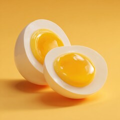 Close-up of a soft-boiled egg cut in half showing bright yellow yolk and smooth white on vibrant yellow background with shadow detail