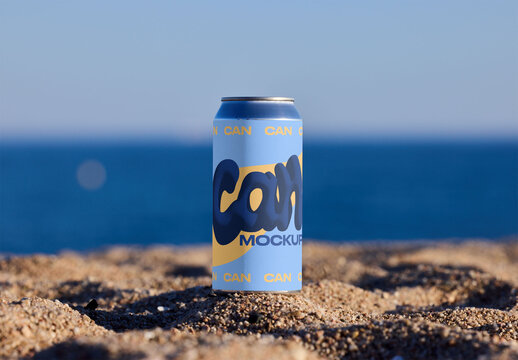Blank Can Mockup on Sandy Beach by Ocean. PSD mockup template ready for your logo design