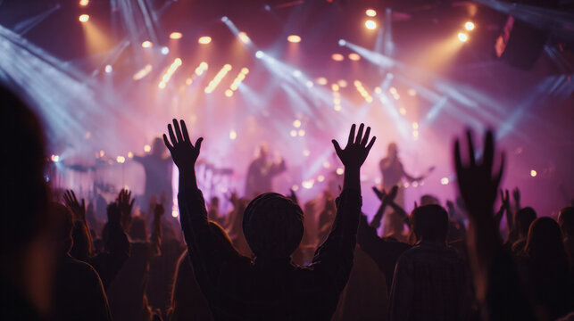 Large group of people worshipping in church concert setting, hands raised, vibrant stage lights, singers leading praise with emotion, spiritual atmosphere
