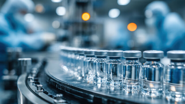 Medical ampoules moving in precise alignment on automated line inside cleanroom, workers in protective suits in background, concept of safe drug manufacturing
