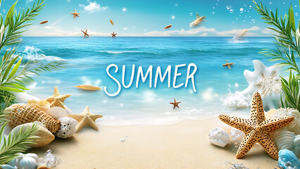 "Summer" text overlaying a beach scene, shows turquoise waves, sand with starfish and shells, and palm fronds on either side.