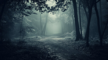 A dark forest path shrouded in mist, where mystery lingers in the soft light.